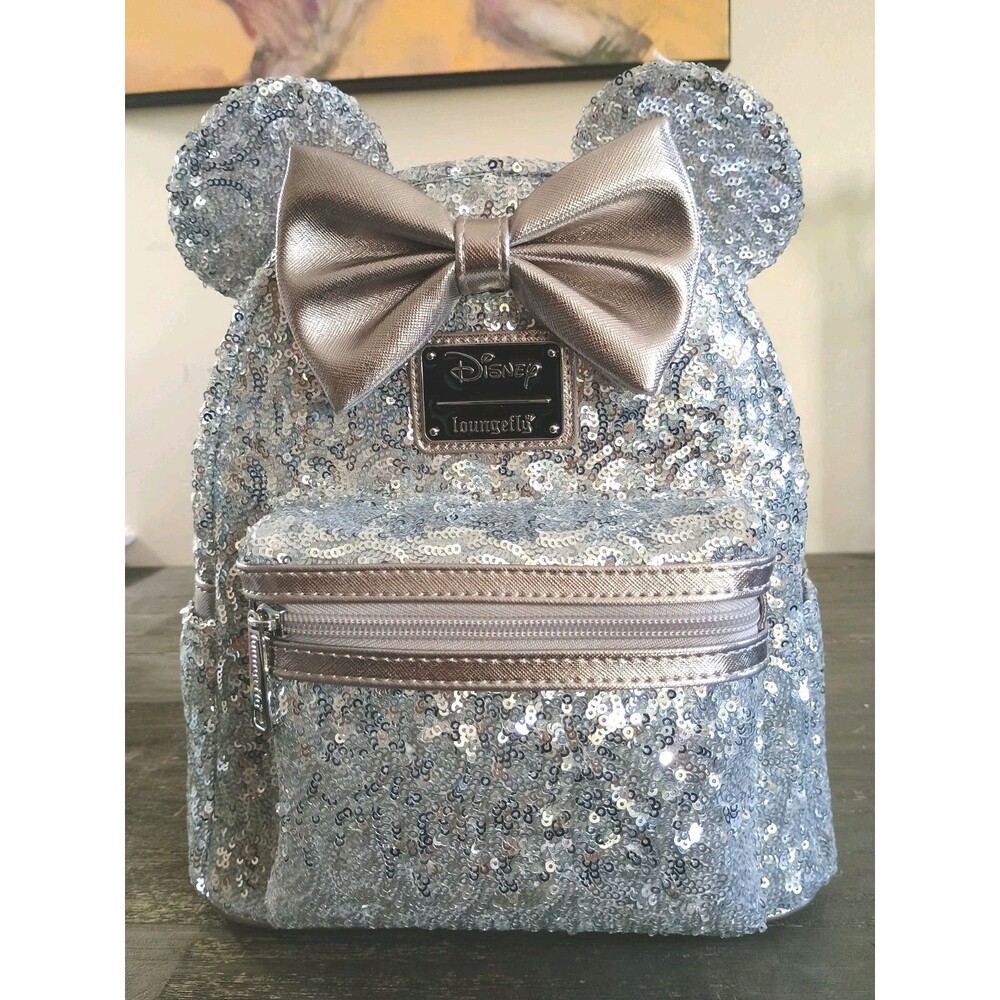 Disney Loungefly Minnie Silver Gray Sequin Mini Backpack New